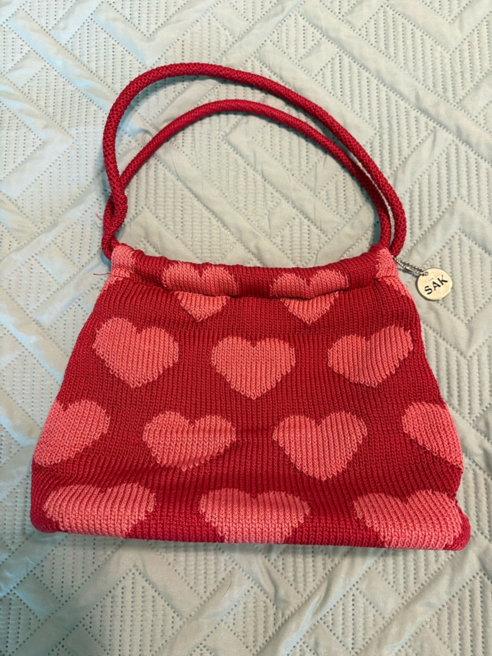 THE SAK Pink Hearts Handbag Purse Crochet Knit Graphic Design Hobo